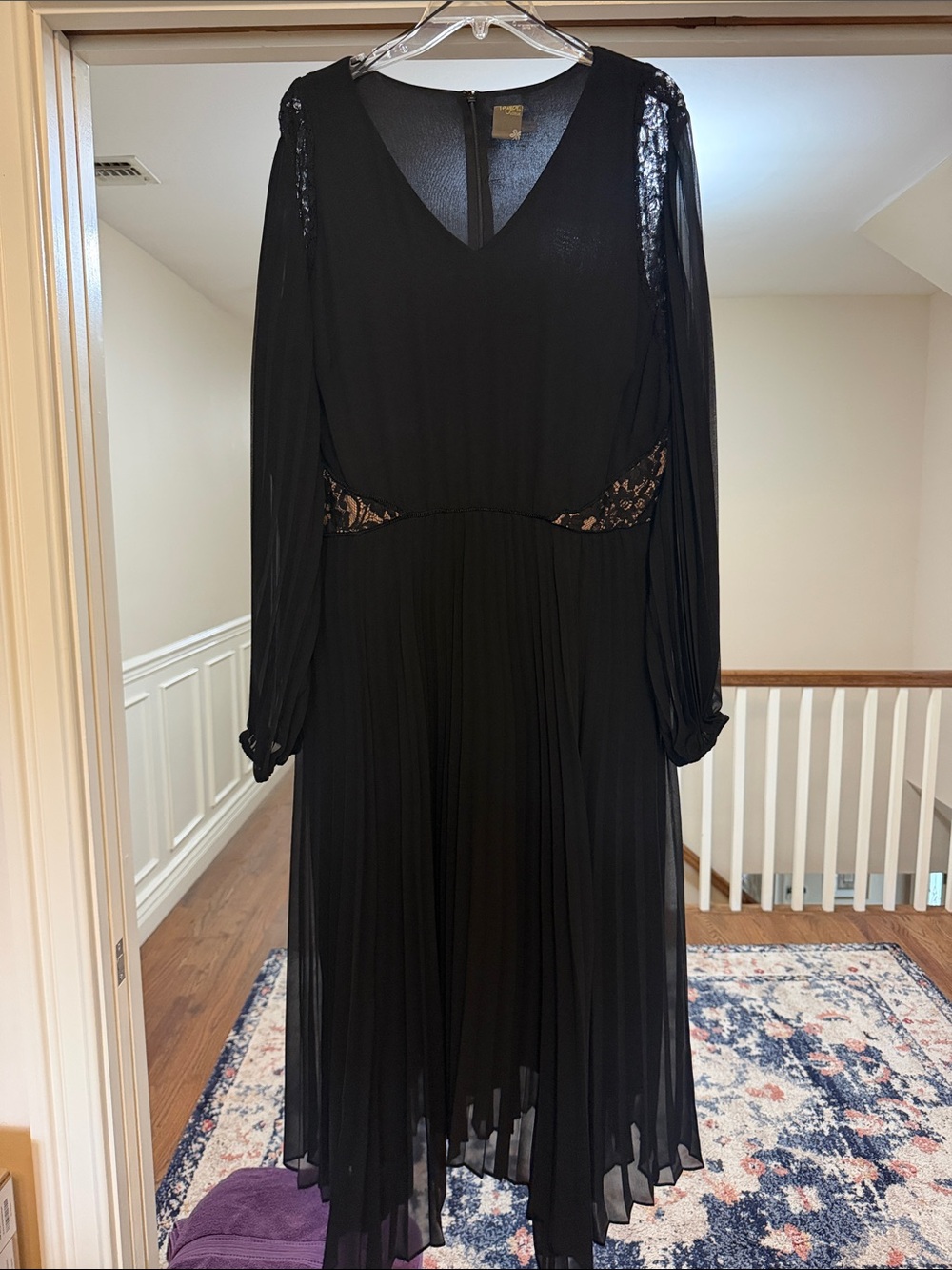 Taylor Black Lace-Trim Pleated Midi Dress